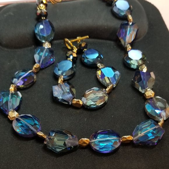 Cobalt Blue Statement Necklace & Bracelet Iridescent Faceted Glass Bead Jewelry - Picture 9 of 9